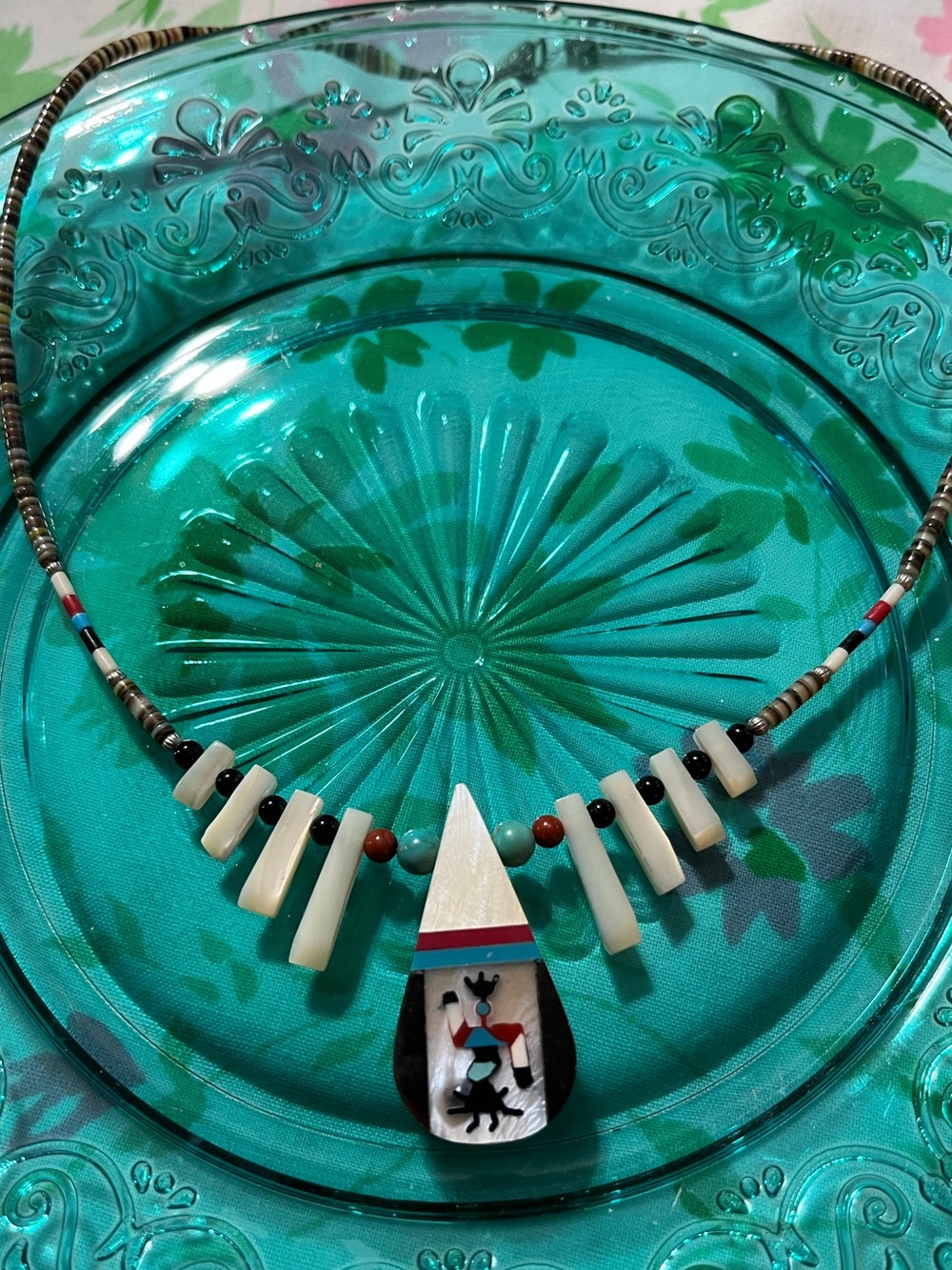 Vintage Santa Domingo Pueblo Kachina Inlaid Turquoise Jet Shell Necklace
